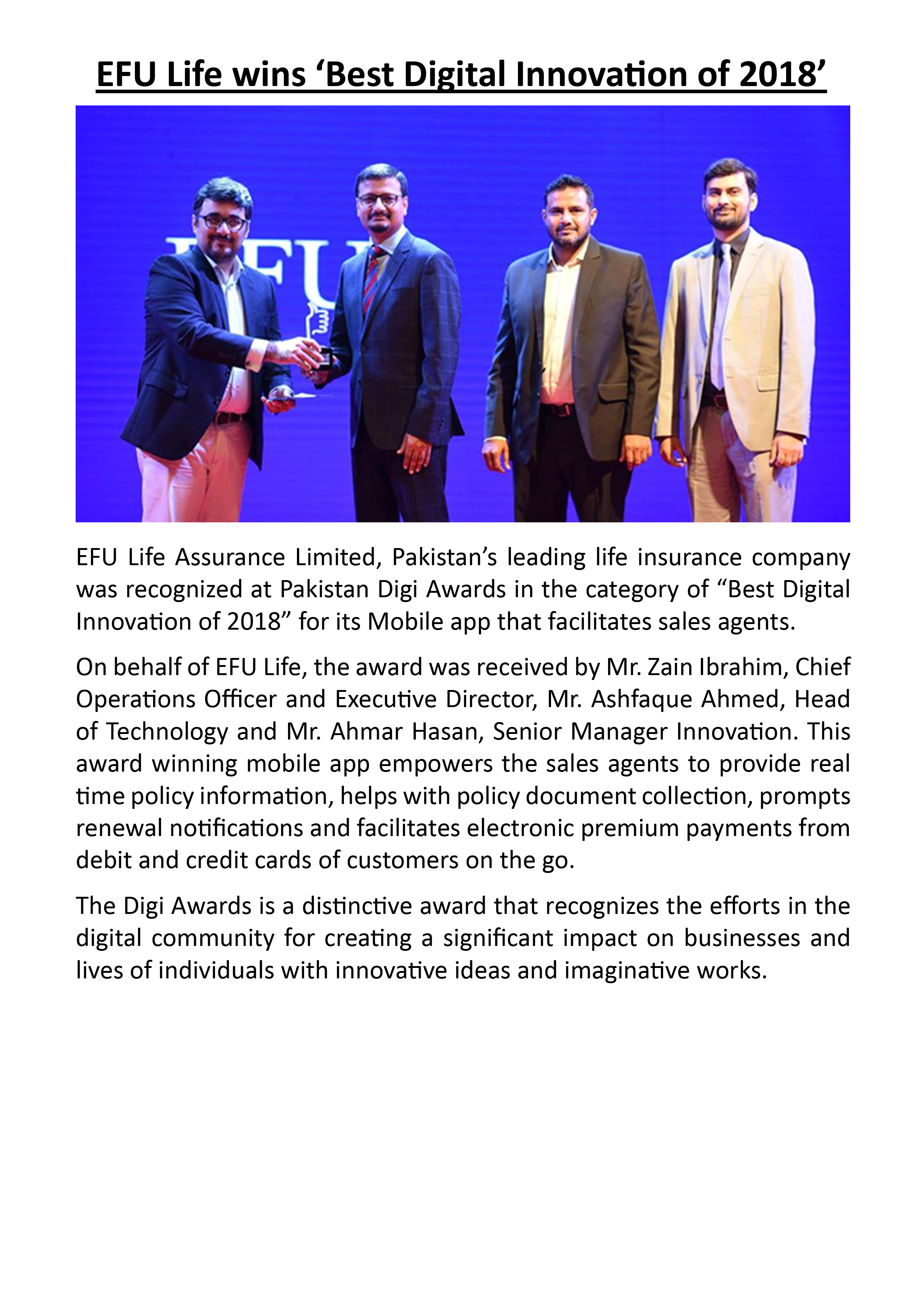 EFU Life wins ‘Best Digital Innovation of 2018’